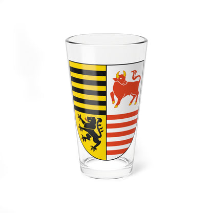 Heraldic shield split by black and gold bars, with a black lion on gold, a red bull on white, and red and white stripes.