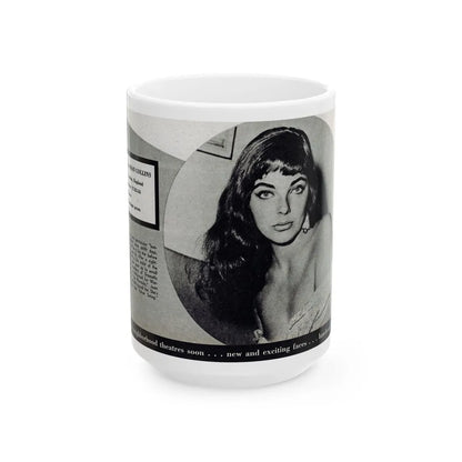 Joan Collins #688 - 1 B&W Portrait Head & Sholder Glamour Shot from Movie Star Magazine Circa 1950's (Vintage Female Icon) White Coffee Mug-15oz-Go Mug Yourself