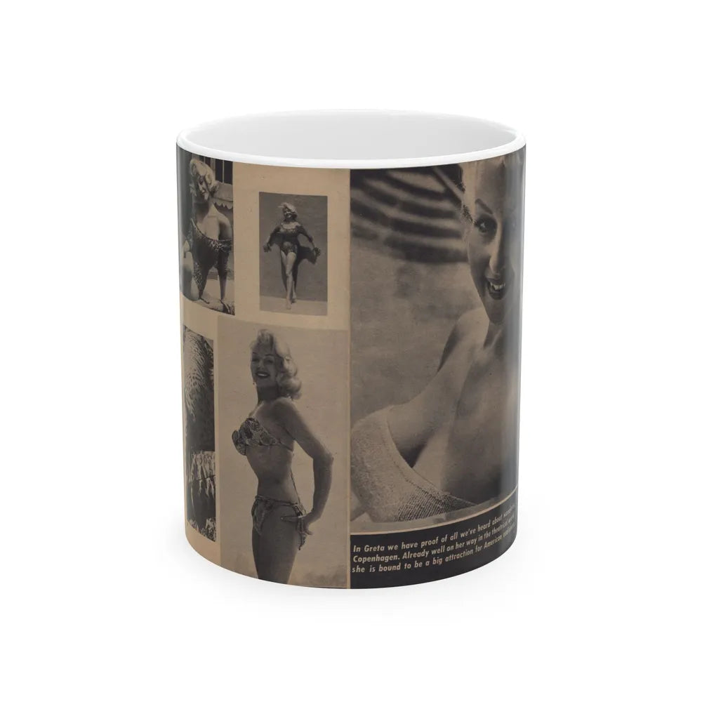 Greta Thyssen #159 - Pages 4 & 5 of 5 with, 5 B&W Photos & Caption from Xcitement Digest Mag. June '57 (Vintage Female Icon) White Coffee Mug-11oz-Go Mug Yourself