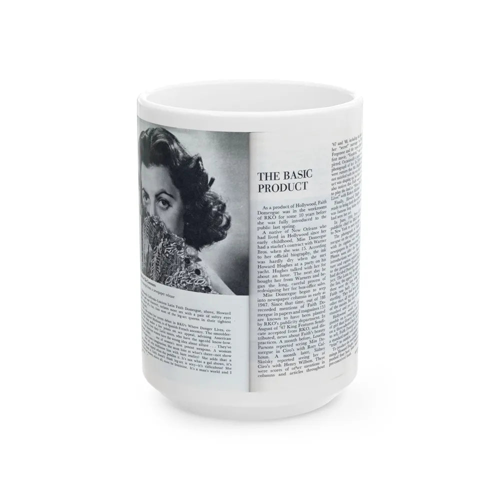 Faith Domergue #228 - [Pages 60 & 61] Pages 3 & 4 of 14+1 B&W Photo & Long Article on her from Pageant Digest Mag. April '51 (Vintage Female Icon) White Coffee Mug-15oz-Go Mug Yourself