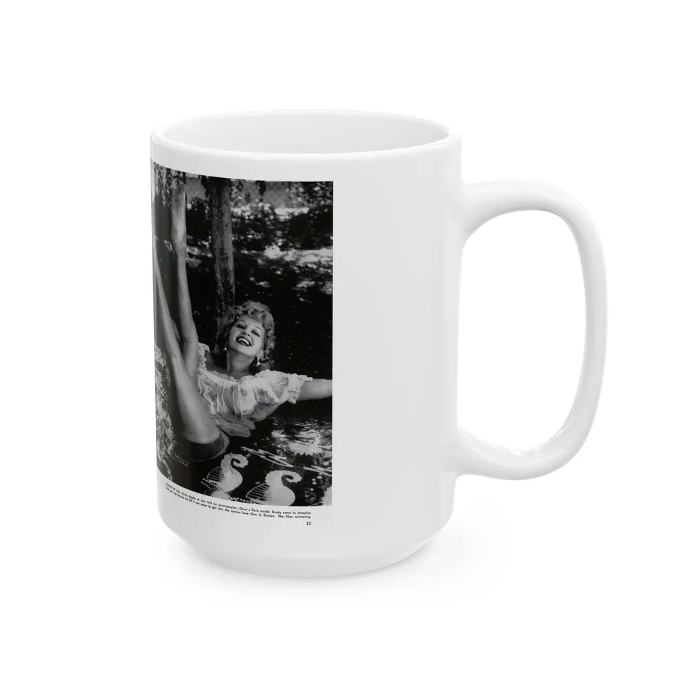 Greta Thyssen #128 - 2 Pages 4 B&W Photos from Modern Man Mag. April '57 (Vintage Female Icon) White Coffee Mug-Go Mug Yourself