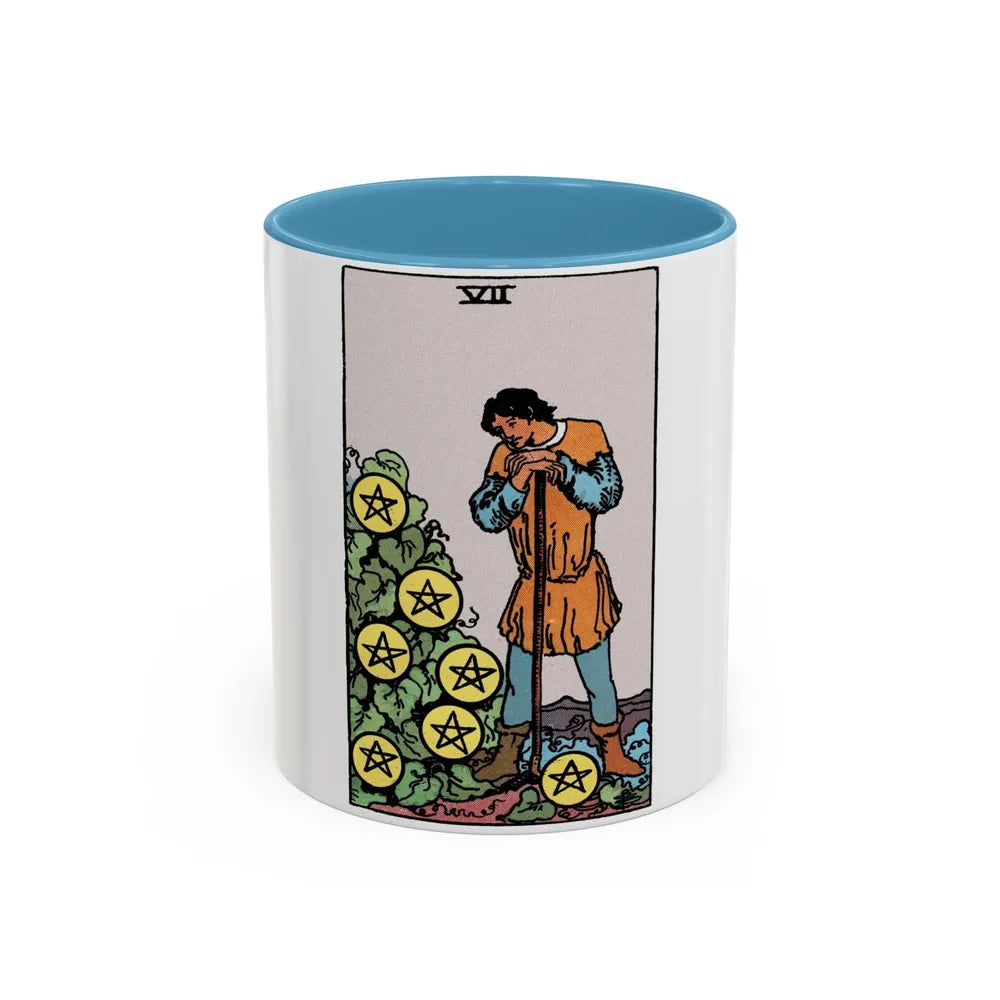 The 7 of Pentacles (Tarot Card) Accent Coffee Mug-11oz-Light Blue-Go Mug Yourself