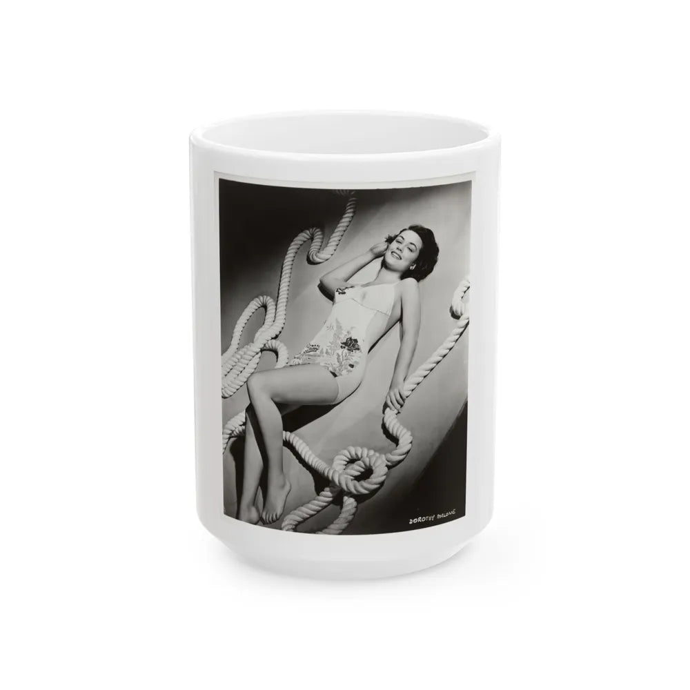 Dorothy Malone #246 - 8x10 Vintage B&W Full Body Early or Mid 50's 1-Piece Cheesecake Swimsuit Photo (Vintage Female Icon) White Coffee Mug-15oz-Go Mug Yourself