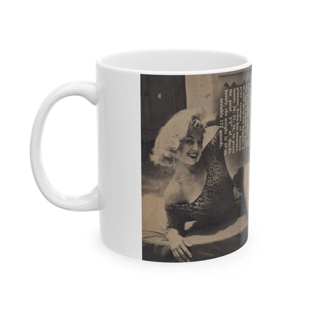 Greta Thyssen #158 - Pages 2 of 5 with, 1 B&W Full Page Centerfold with, Article from Xcitement Digest Mag. June '57 (Vintage Female Icon) White Coffee Mug-Go Mug Yourself