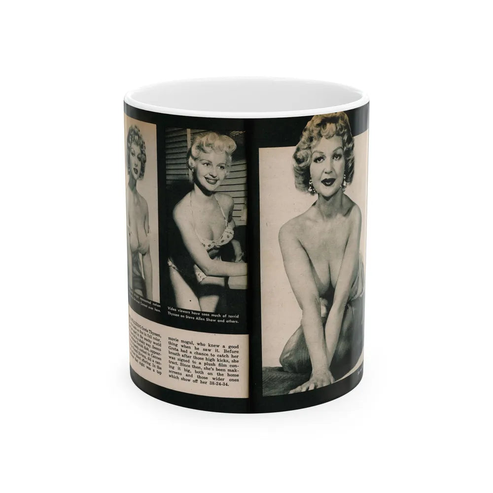 Greta Thyssen #138 - 2 Pages, 3 B&W Photos & Captions from VUE Digest Mag. Nov. '59 (Vintage Female Icon) White Coffee Mug-11oz-Go Mug Yourself