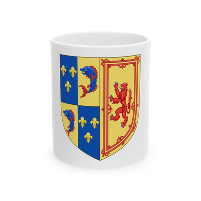 Flat vector quartered heraldic shield with blue dolphins, gold fleurs-de-lis and a red rampant lion.