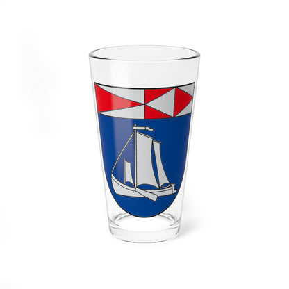 Silver sailing boat with two sails on a blue heraldic shield under a band of red and silver triangles.