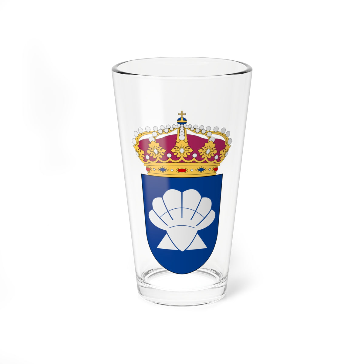 Navy heraldic shield with a large white scallop shell above two white mountain peaks, topped by a gold crown.