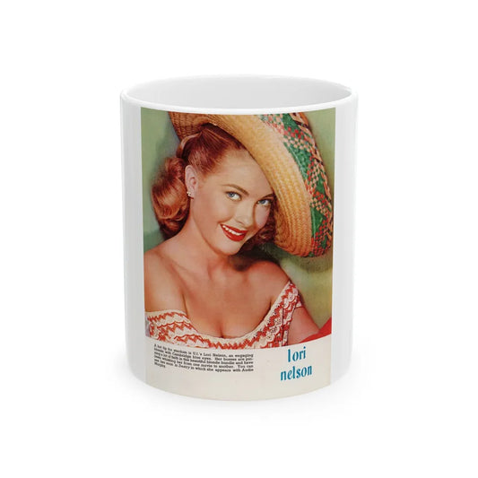 Lori Nelson #224 - Vintage Color 8x10.5 Photo Glamour Head & Shoulder Shot in Mexican Hat Circa 1950's Mag. Page (Vintage Female Icon) White Coffee Mug-11oz-Go Mug Yourself