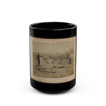 Military Railroad Operations In Northern Virginia  Man Standing On Railroad Tracks Holding Twisted Rail (U.S. Civil War) Black Coffee Mug