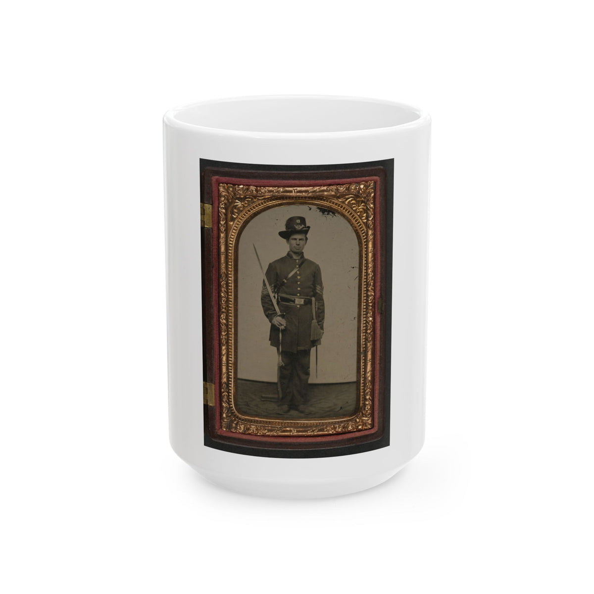 Unidentified Soldier In Union Sergeant's Uniform With Hardee Hat And Sash With Non-Commissioned Officer's Sword (U.S. Civil War) White Coffee Mug