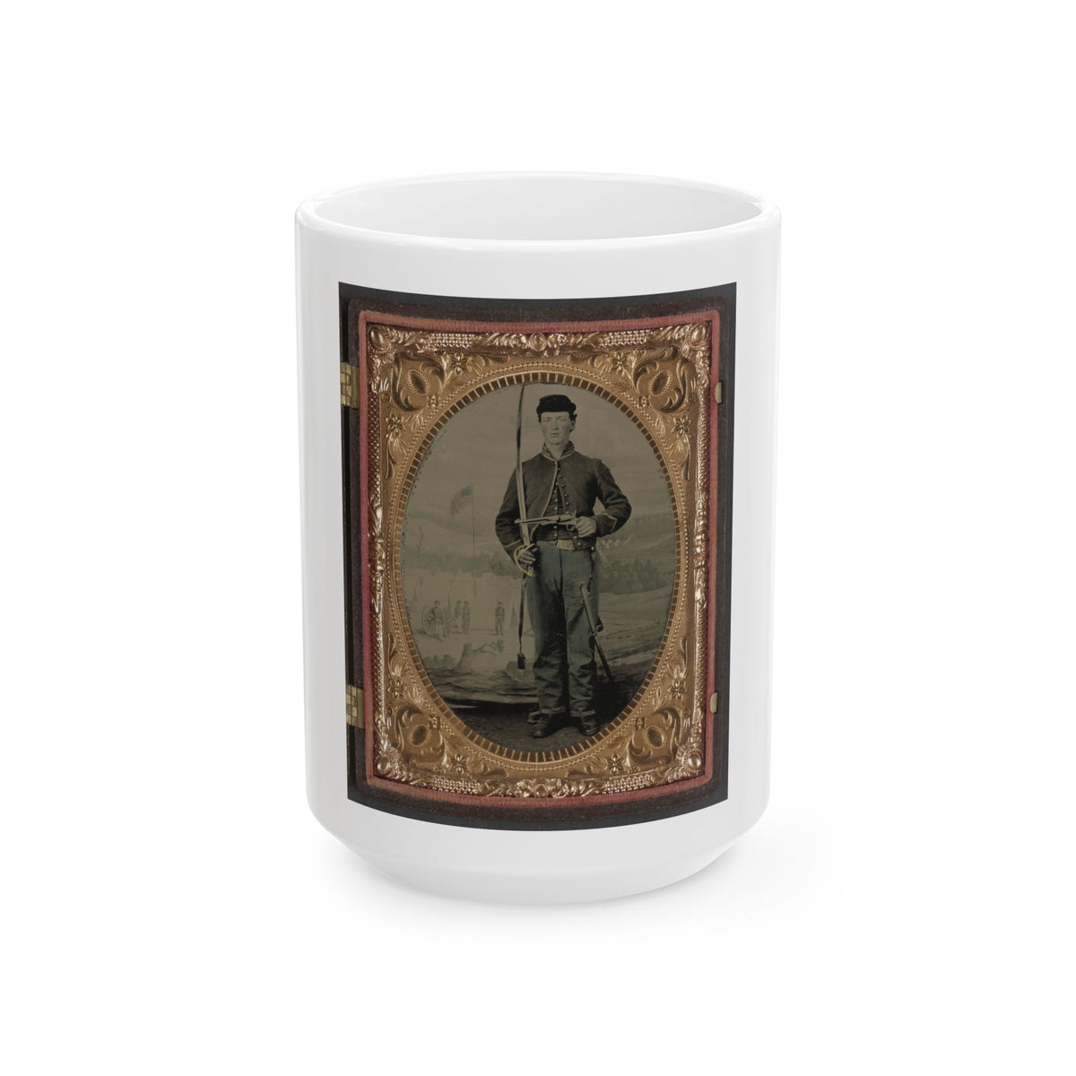 Unidentified Soldier In Union Cavalry Uniform With Sword And Pistol In Front Of Painted Backdrop Tree Stump And Military Camp (U.S. Civil War) White Coffee Mug