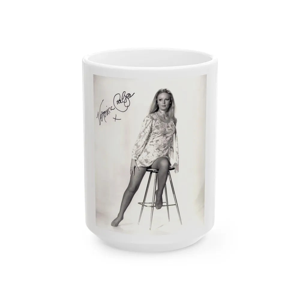 Veronica Carlson #09 - 8x10 B&W Glamour Full Body Dress & Stockings Shot #011 (Vintage Female Icon) White Coffee Mug-15oz-Go Mug Yourself