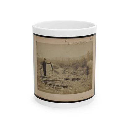Military Railroad Operations In Northern Virginia  Man Standing On Railroad Tracks Holding Twisted Rail (U.S. Civil War) White Coffee Mug