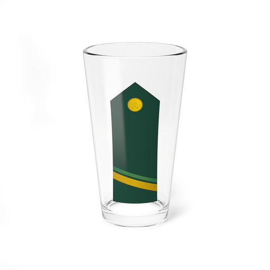 Dark green pointed shoulder board with a gold crown badge at the top and green and gold stripes near the base.