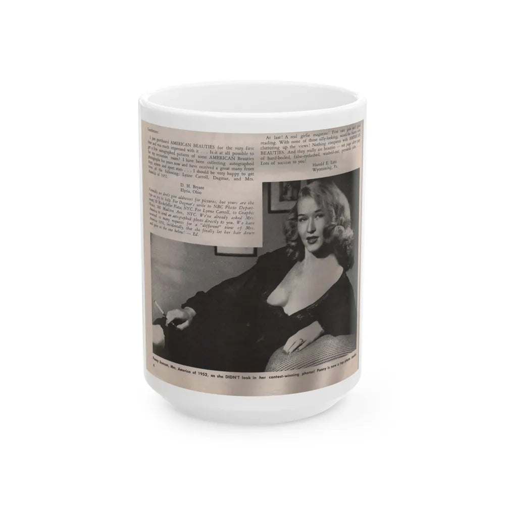 Penny Duncan #09 - [Page 4] American Beauties '53 - 1 Page with, Penny+1 B&W Photo & Article (Vintage Female Icon) White Coffee Mug-15oz-Go Mug Yourself