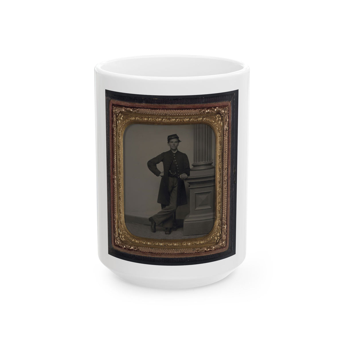 Unidentified Soldier In Union Uniform In Front Of Posing Stand And Leaning Against Column (U.S. Civil War) White Coffee Mug