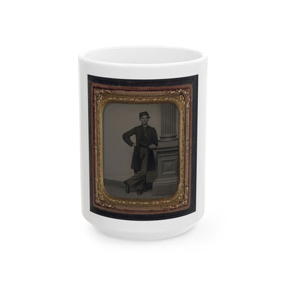 Unidentified Soldier In Union Uniform In Front Of Posing Stand And Leaning Against Column (U.S. Civil War) White Coffee Mug