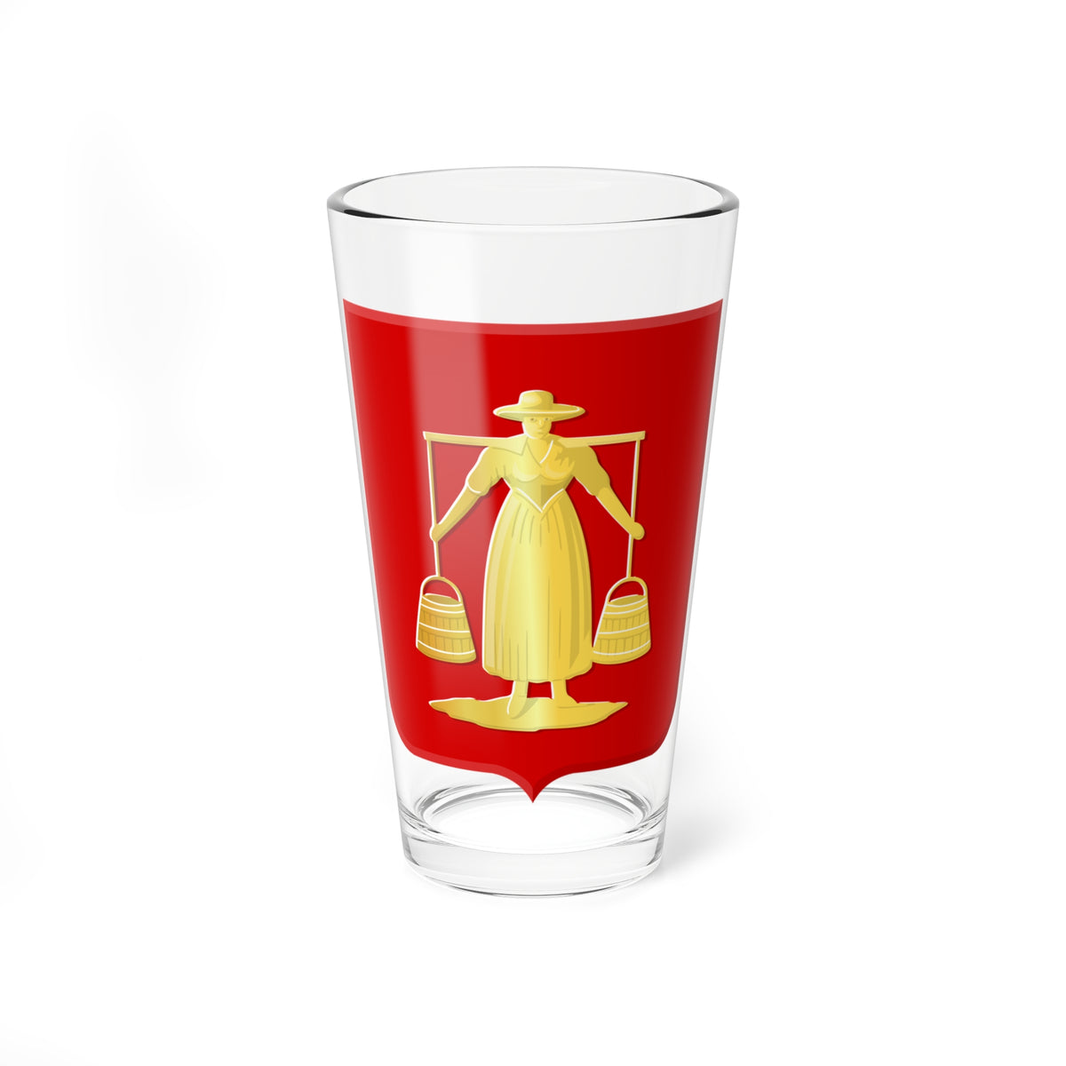 Gold figure of a woman in a wide-brimmed hat carrying two buckets on a yoke, set on a red shield.