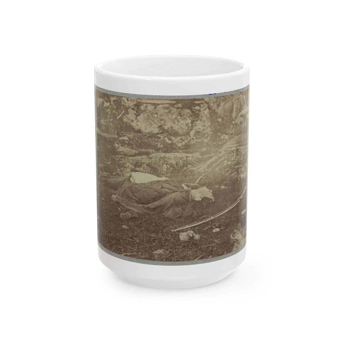 Battlefield Of Gettysburg. Dead Confederate Sharpshooter At Foot Of Little Round Top (U.S. Civil War) White Coffee Mug