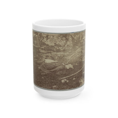 Battlefield Of Gettysburg. Dead Confederate Sharpshooter At Foot Of Little Round Top (U.S. Civil War) White Coffee Mug