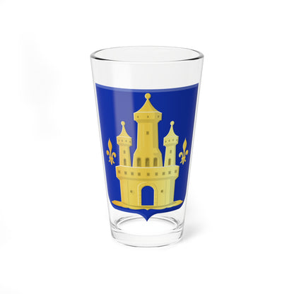 Gold three-towered castle with an arched gate on a royal blue heraldic shield, flanked by two gold fleurs-de-lis.