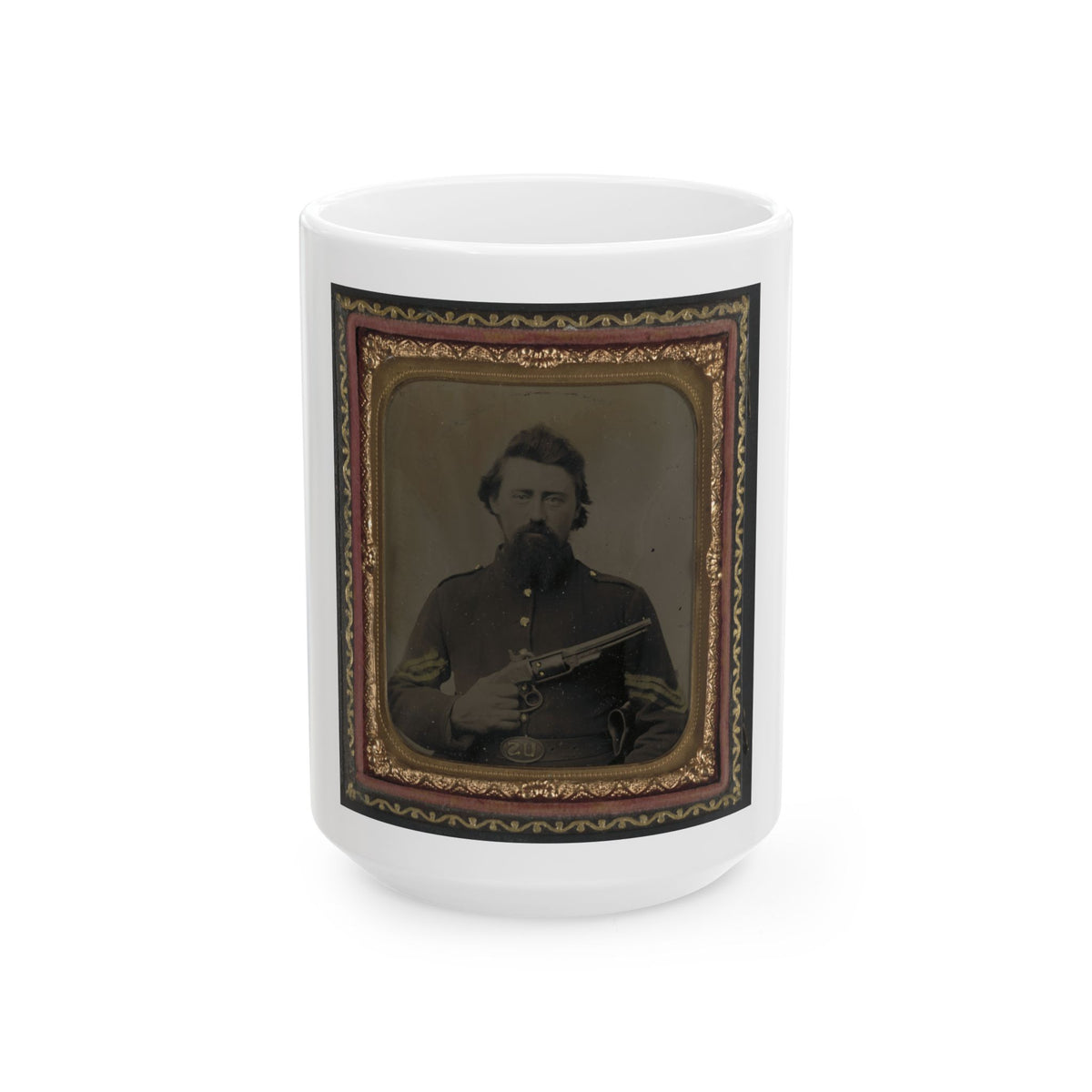 Unidentified Soldier In Union Sergeant's Uniform And U.S. Belt Buckle With Savage Revolver (U.S. Civil War) White Coffee Mug