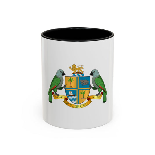 Coat of arms with two green parrots flanking a quartered shield of palms, a frog and a boat, under a golden lion.