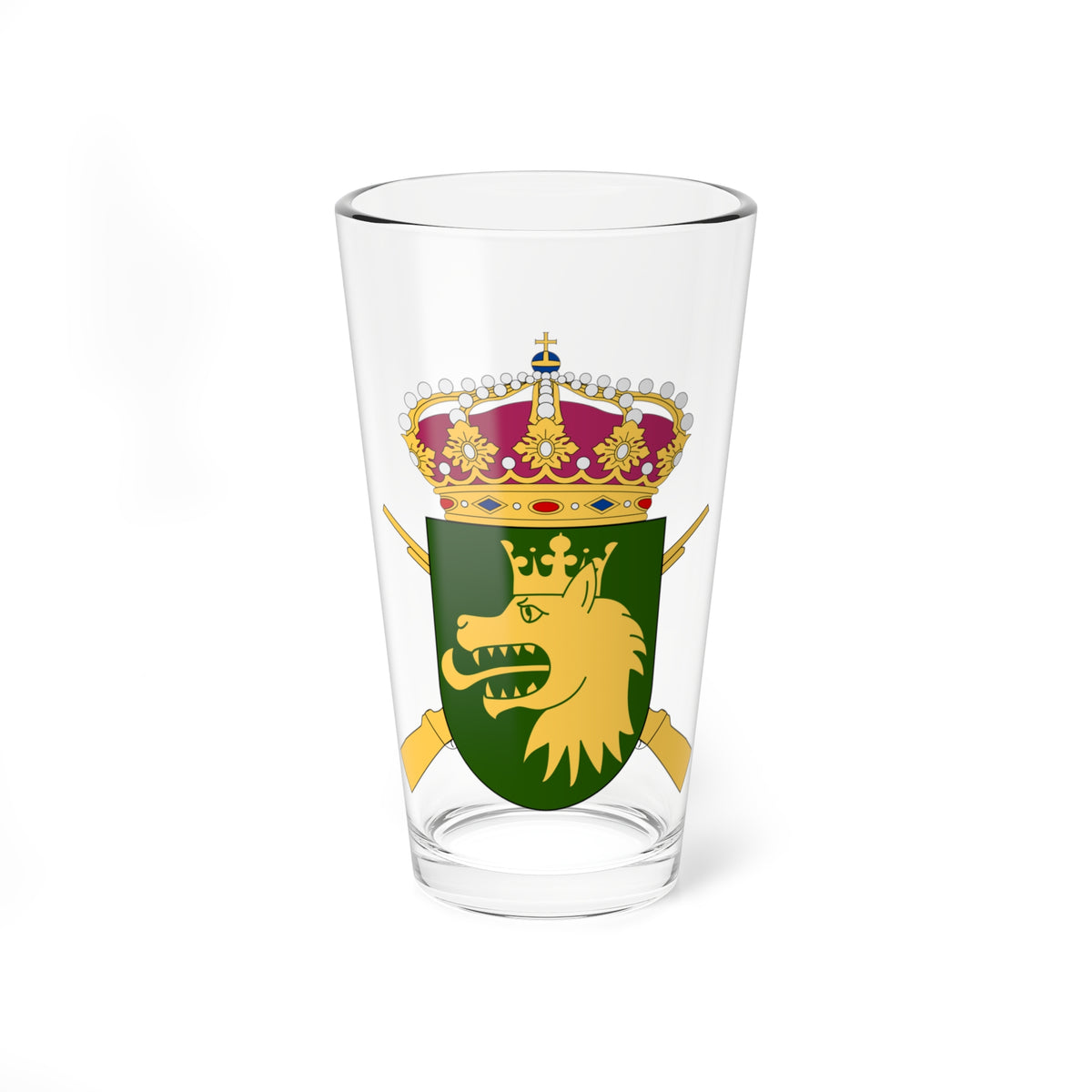 Heraldic military crest with a gold crowned wolf head on a dark green shield under a jeweled crown.