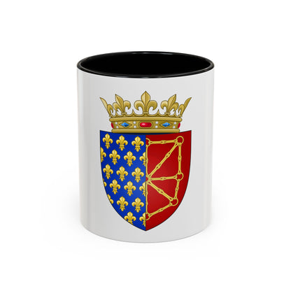 Heraldic shield split blue and red, with gold fleurs-de-lis on blue and gold chain on red, under a jewelled crown.