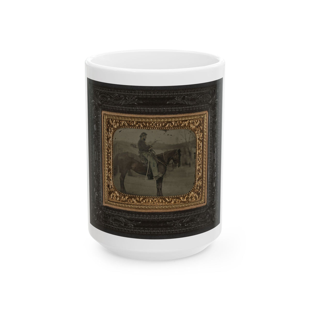 Unidentified Soldier In Union Uniform Sitting On Horse With Revolver And Saber (U.S. Civil War) White Coffee Mug
