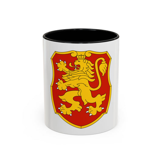 Gold crowned rampant lion with bared claws on a red heraldic shield framed by a gold border.