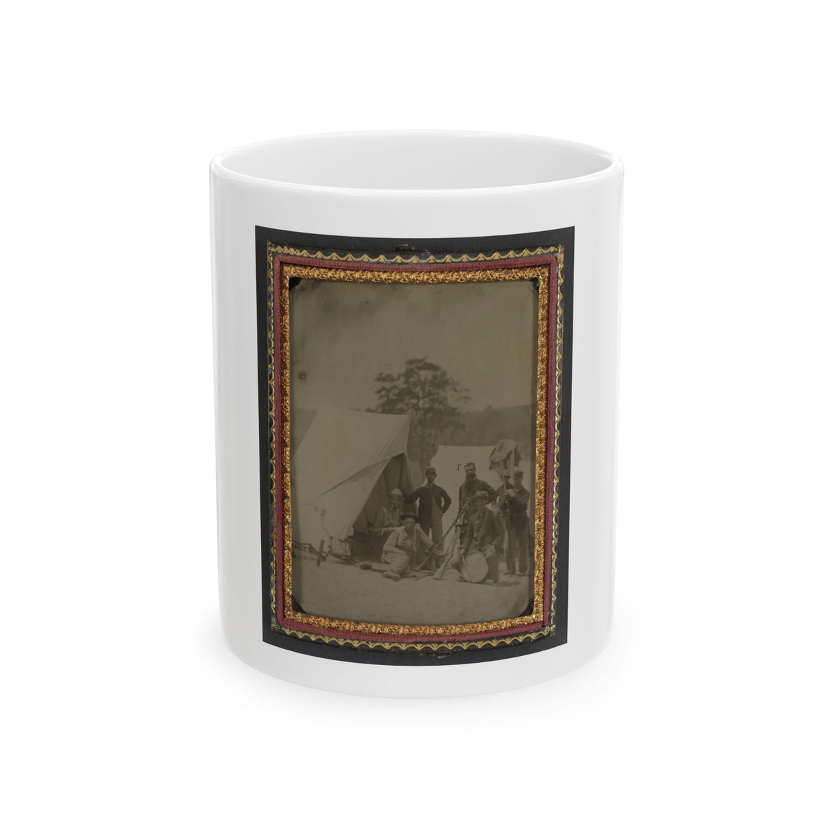 Seven Unidentified Soldiers In Union Uniforms With Drum And Stacked Rifles In Front Of Tent (U.S. Civil War) White Coffee Mug