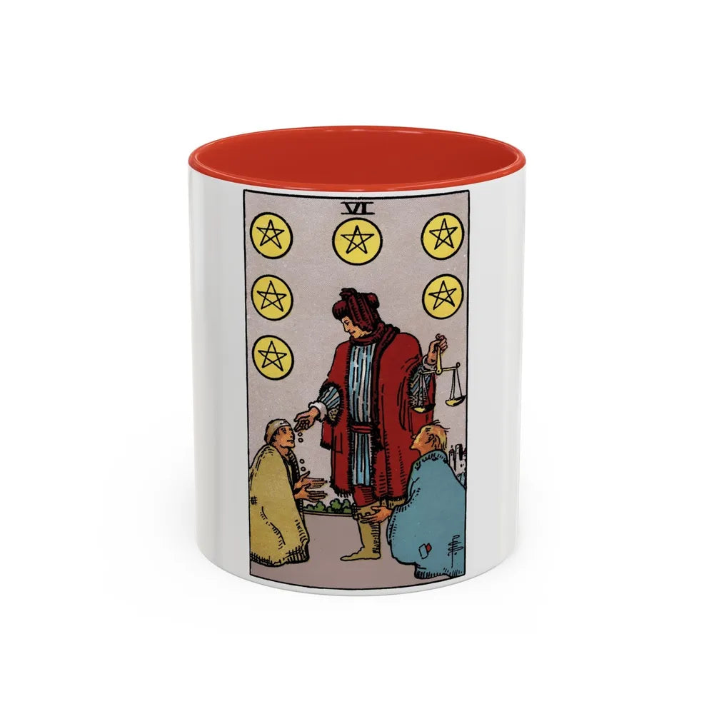 The 6 of Pentacles (Tarot Card) Accent Coffee Mug-11oz-Red-Go Mug Yourself