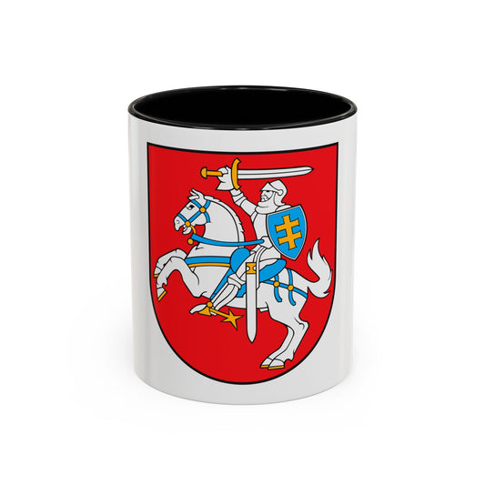 Armoured knight on a rearing white horse raising a sword, carrying a blue shield with a gold cross on red.