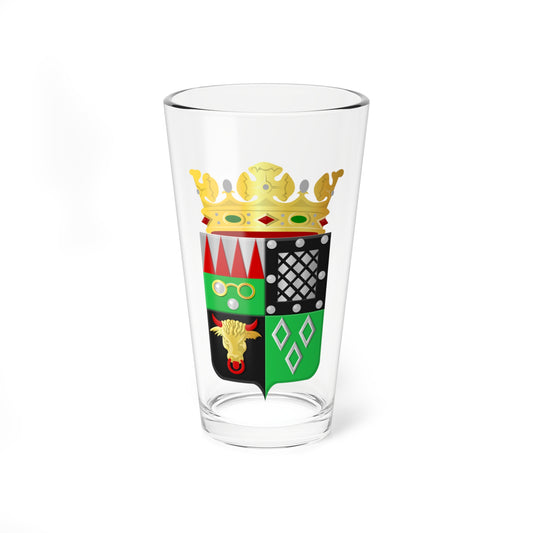 Quartered heraldic shield with a gold bull's head on black, silver spectacles on green, and a gold crown on top.
