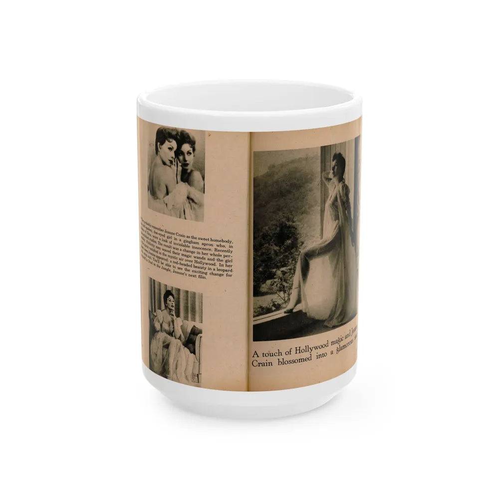 Jeanne Crain #103 - Pages 3 & 4 of 7 with, 3 B&W Photos, Captions & Article from Sensation Digest Mag. '54 (Vintage Female Icon) White Coffee Mug-15oz-Go Mug Yourself