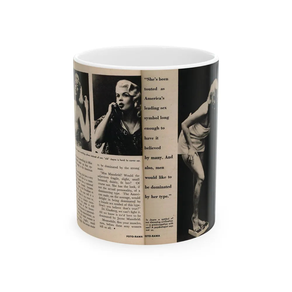 Jayne Mansfield #178 - 2 Pages, 3 B&W Photos, Captions & Article from Foto-rama Digest Mag. May '58 (Vintage Female Icon) White Coffee Mug-11oz-Go Mug Yourself