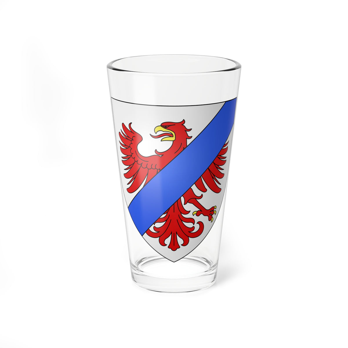 Heraldic shield with a red eagle on silver, crossed by a diagonal blue band and gold beak and talons.