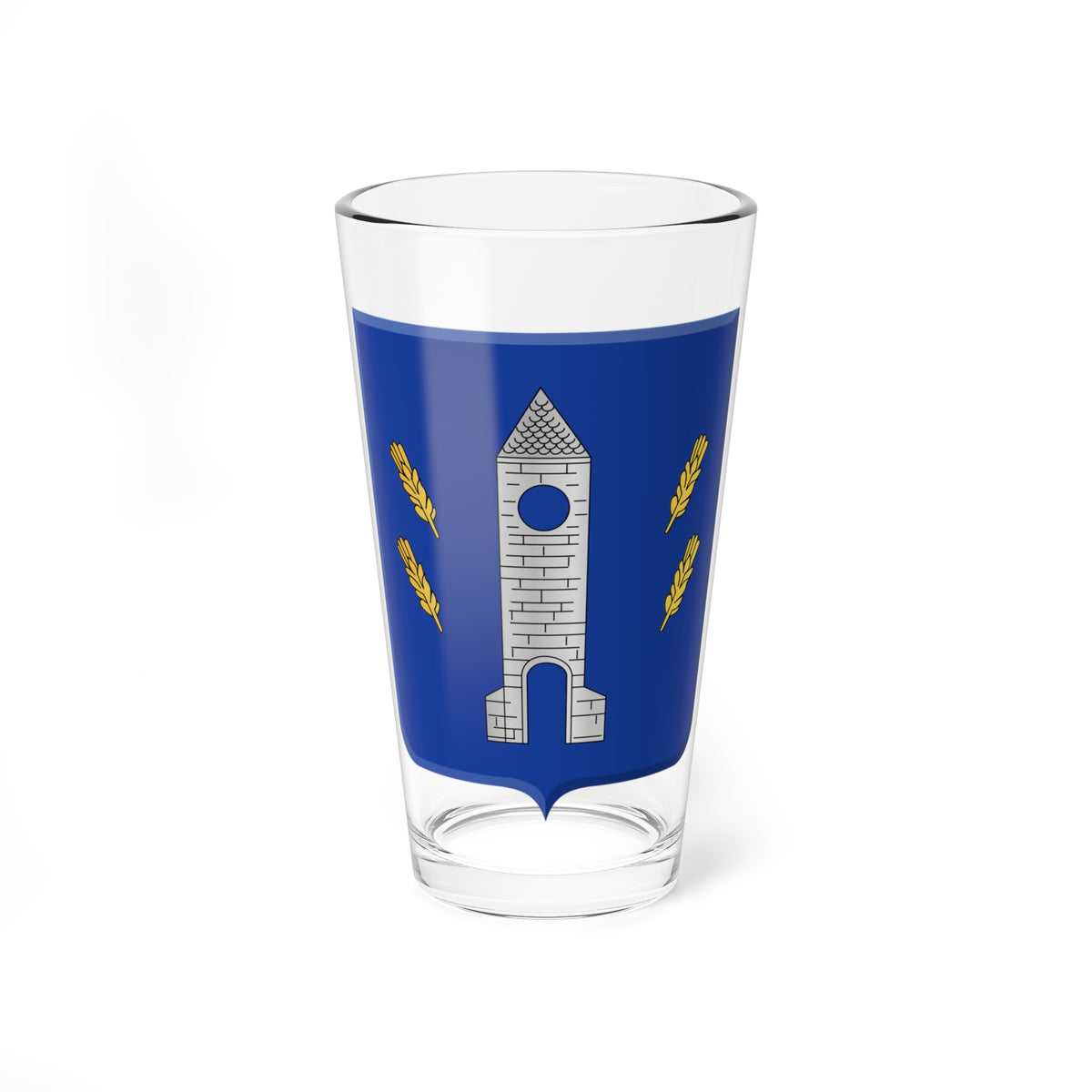 Silver stone tower with an arched gate and four gold wheat ears on a blue heraldic shield.