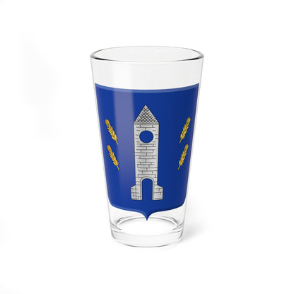 Silver stone tower with an arched gate and four gold wheat ears on a blue heraldic shield.