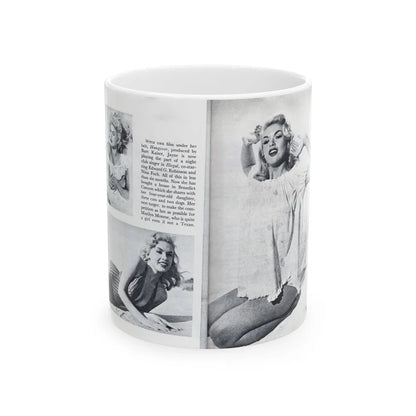 Jayne Mansfield #318 - Pages 43 & 44 Pages 5 & 6 of 6 featuring, Jayne+3 B&W Photos & Caption from Pageant Digest Mag. June '55 (Vintage Female Icon) White Coffee Mug-11oz-Go Mug Yourself