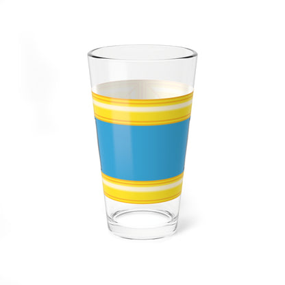Bevelled yellow rectangular frame enclosing a blue panel with two silver bars joined by rails at each end.
