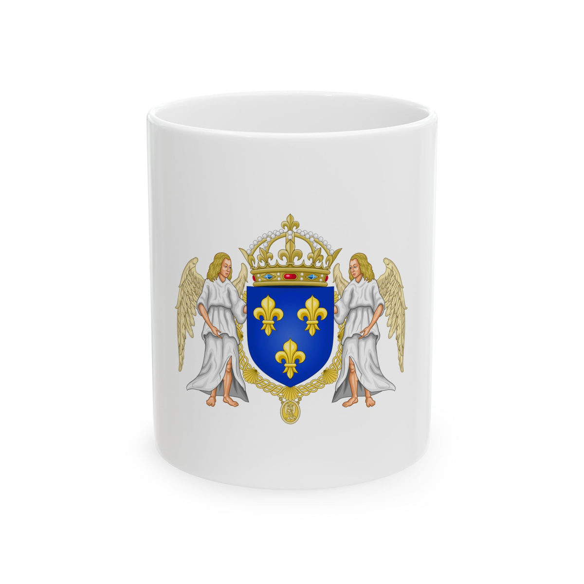 Blue heraldic shield with three gold fleurs-de-lis under a crown, held by two white-robed winged angels.