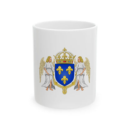 Blue heraldic shield with three gold fleurs-de-lis under a crown, held by two white-robed winged angels.