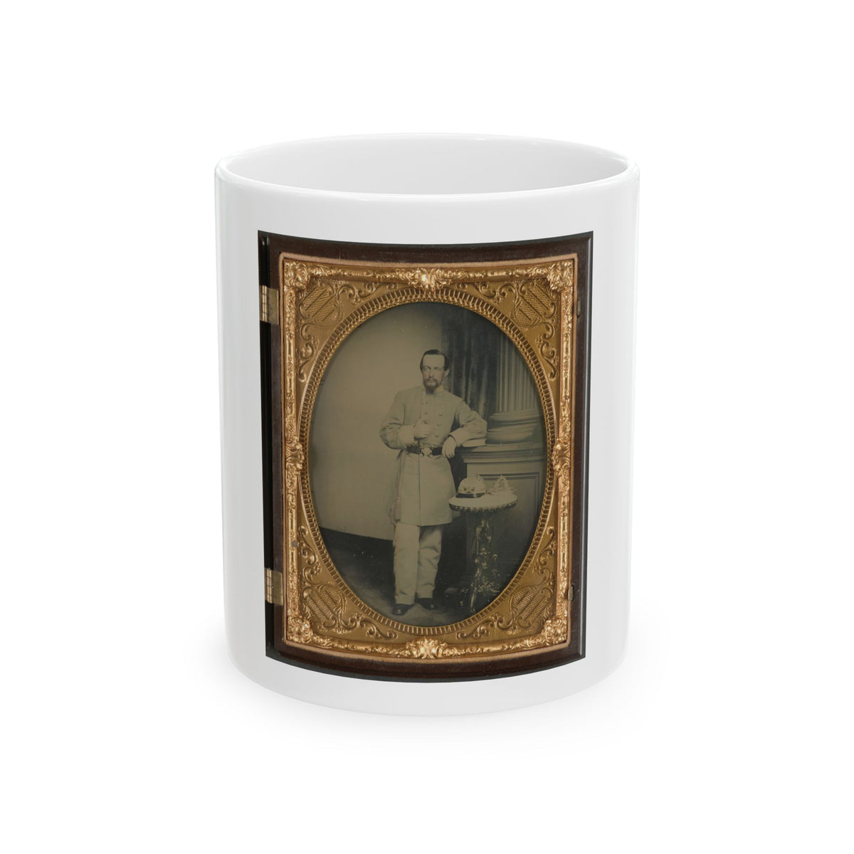 Tinted oval portrait of a standing man in a pale grey military coat beside a table holding a cap, in gilt frame.