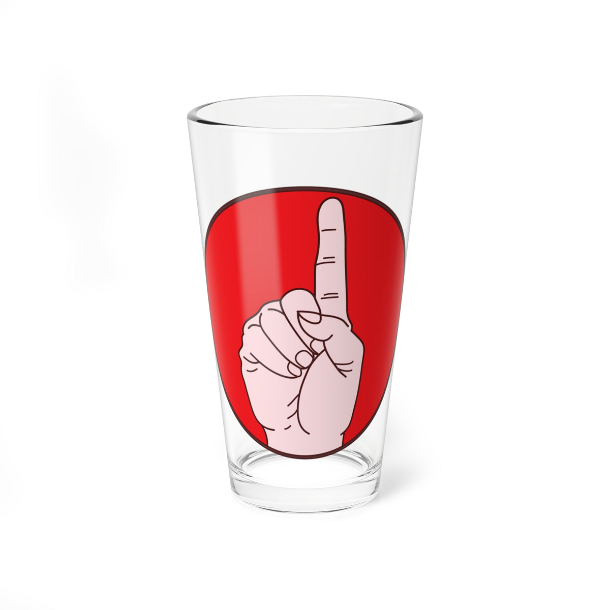 Pale cartoon hand with the index finger raised, set inside a red circular badge outlined in dark brown.