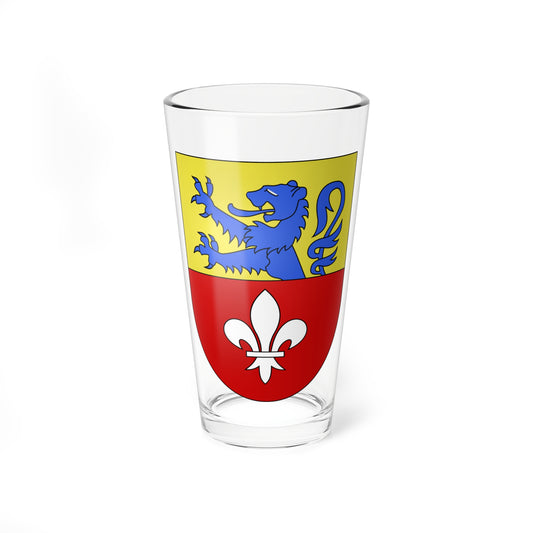Heraldic shield with a blue lion rampant on a gold upper field and a white fleur-de-lis on a red lower field.
