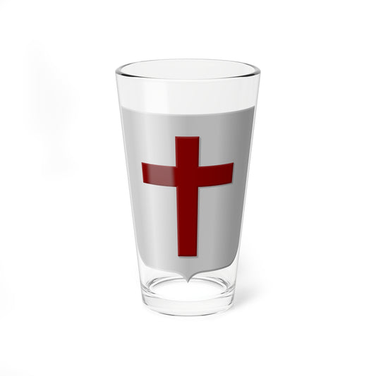 Dark red upright Latin cross centred on a silver heraldic shield with metallic gradient shading.