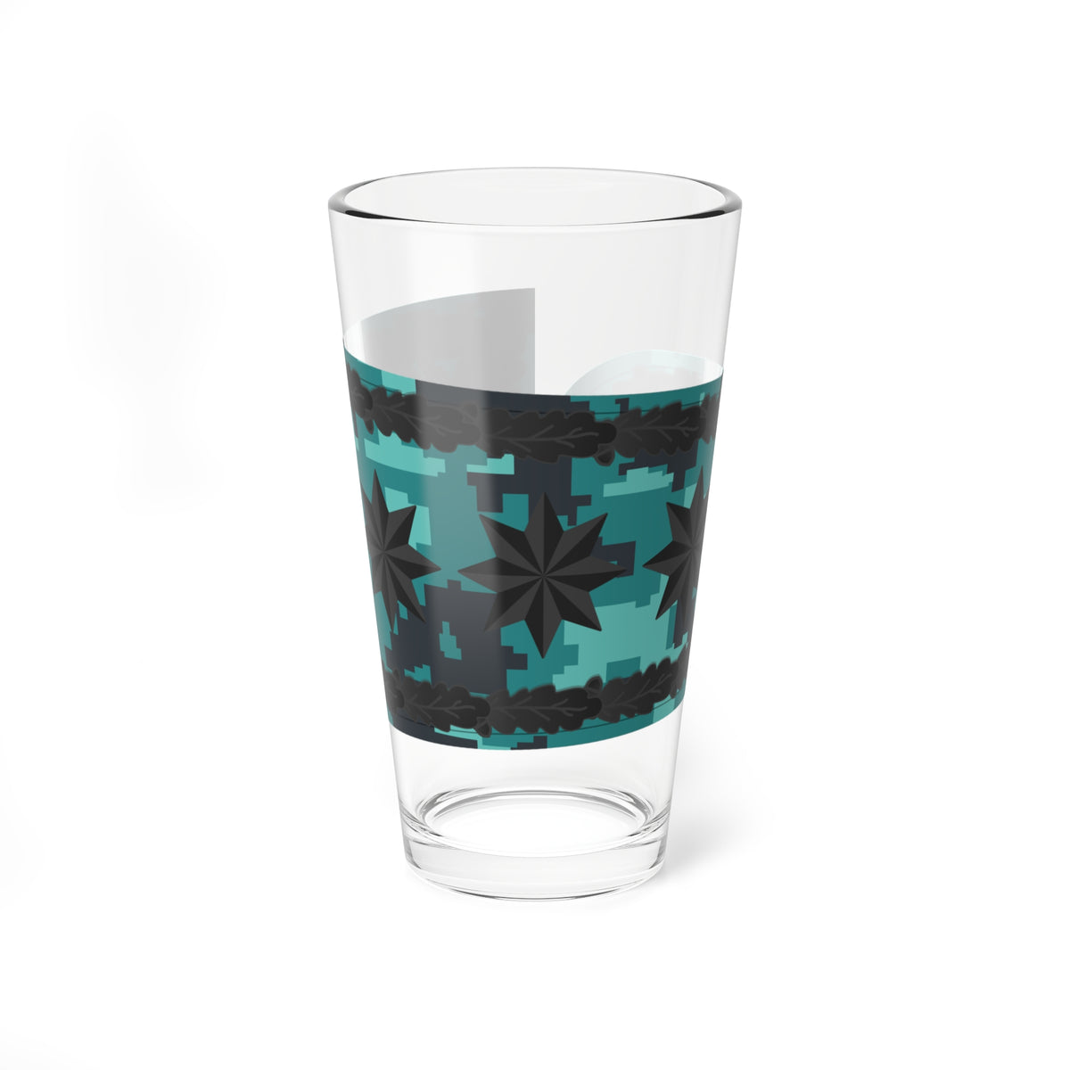 Tapered teal camouflage strip with three dark eight-pointed stars, a crescent, oak sprigs and a round emblem.